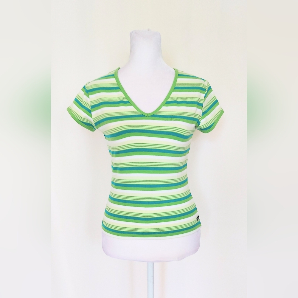 Unionbay Stretch V Neck Green Striped Shirt Size Juniors Small